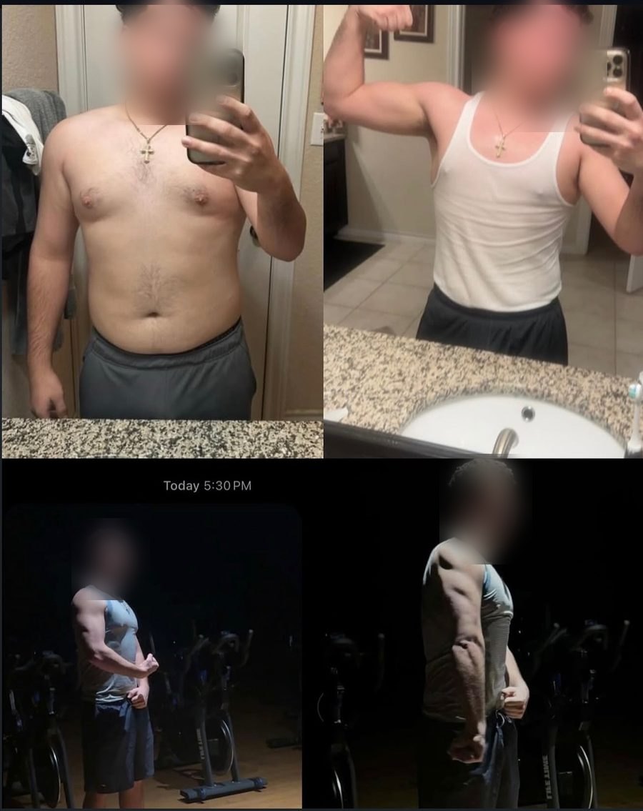Client progress in four stages — from soft midsection to visibly muscular arms and shoulders