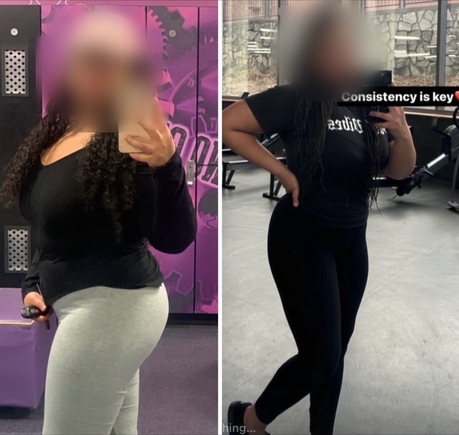 Client before and after — side view in the gym, noticeably leaner through the waist