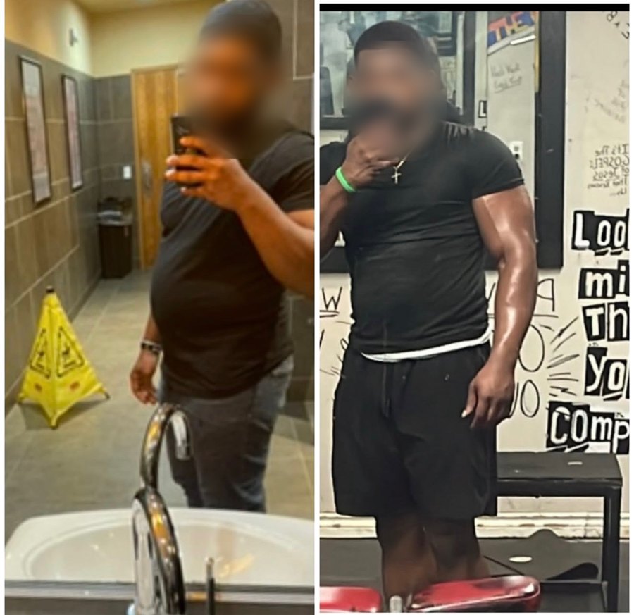 Client before and after — leaner midsection and visibly bigger arms and shoulders